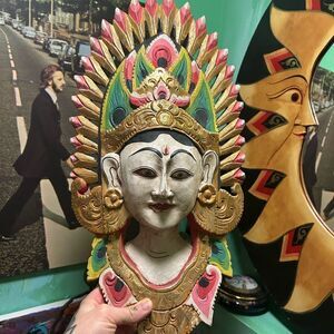 Vintage Indonesian Hand Carved/painted Wooden Deity Sculpture Wall Hanging Mask